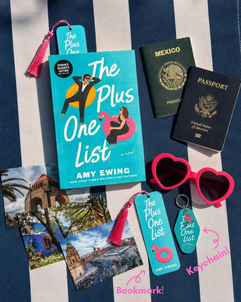 The Plus-One List advance copy flat lay with matching bookmark and flamingo keychain